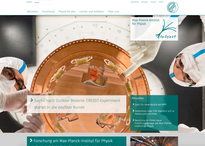 The startpage of new web presence of the Max Planck Institute for Physics
