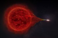 Das Doppelstern-System RS Ophiuchi: Vom Roten Riesen strömt Materie auf den Weißen Zwerg. Die neu hinzugekommenen Sternhüllen explodieren etwa alle 15 Jahre in einer hellen Nova. (Illustration: superbossa.com/MPP)