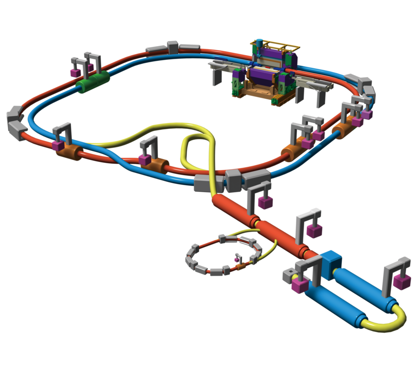 The SuperKEB ring, in which electrons and positrons are accelerated to collide in the Belle II experiment. Measuring the particle traces, physicists are looking for unusual decay patterns.