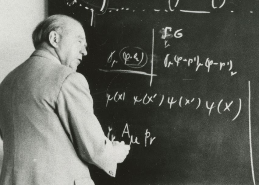 Werner Heisenberg at the blackboard: He was a long-term director and one of the most influential scientists at the Max Planck Institute for Phyiscs, also known as Heisenberg Institute.