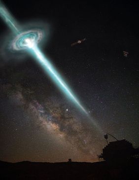 Künstlerische Darstellung eines von den MAGIC-Teleskopen und Satelliten entdeckten Gammablitzes (Bild: Superbossa.com und Alice Donini)