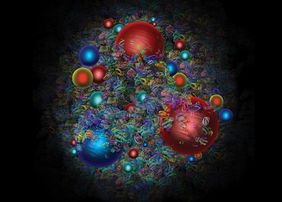 The infographic presents the chaos of all the different elementary particles - quarks and gluons – inside a proton. (Image: D. Dominguez/CERN)