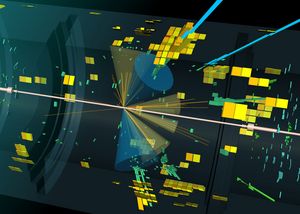 Die ATLAS-Aufnahme zeigt einen Kandidaten für die Produktion des Higgs-Bosons zusammen mit zwei Top-Quarks. Das Higgs-Boson lässt sich hier über seinen Zerfall in zwei Photonen (hellblaue Linien) nachweisen, die Top-Quark-Zerfälle über insgesamt sechs Hadronen-Schauer (gelbe und blaue Kegel). 