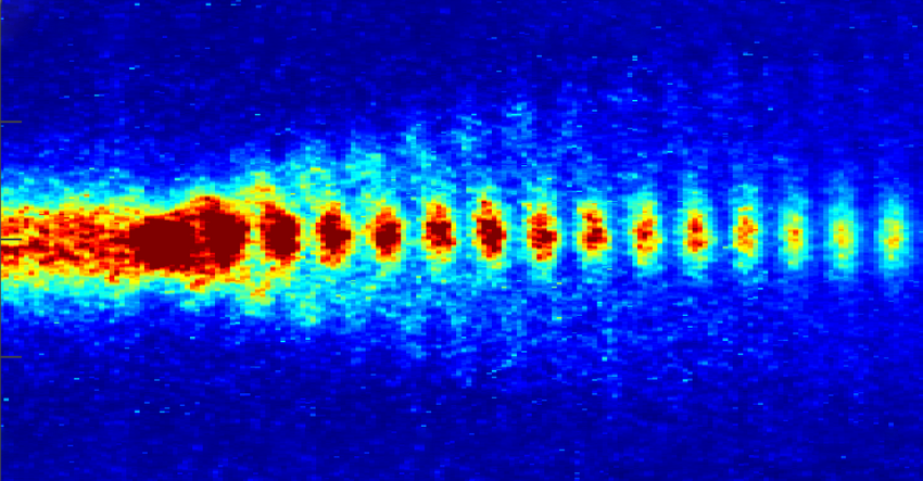 Proton bunches in sync: A train of short proton bunches travels through the plasma field, forming a wave on which electrons can be accelerated. (Image: AWAKE)