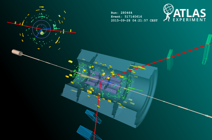 A candidate for a Higgs boson decay into two electrons (blue) and two muons (red), recorded in September 2015 with the ATLAS detector at the LHC.