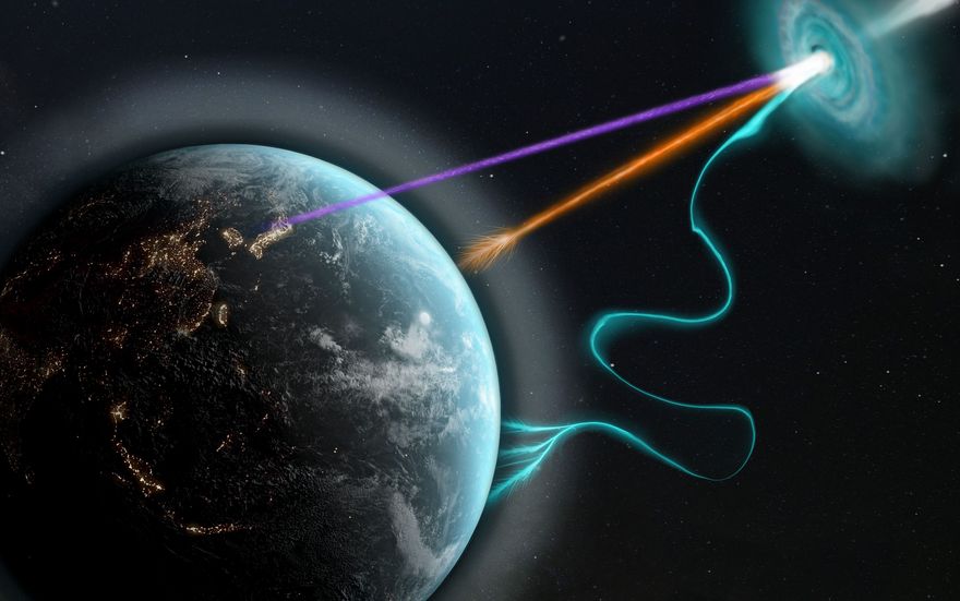 Botschafter aus dem All: Kosmische Objekte emittieren Neutrinos (violett), Gammastrahlung (orange) und Protonen (grün). (Bild: superbossa.com/MPP)