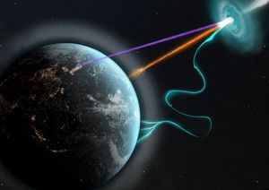 Messengers from space: Cosmic objects emit neutrinos (violet), gamma rays (orange) and protons (green). (Picture: superbossa.com/MPP)