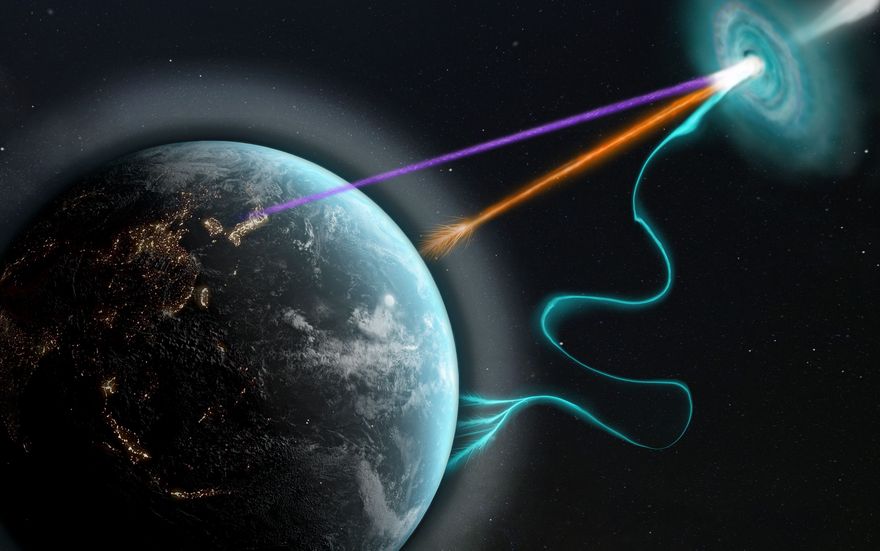 Messengers from space: Cosmic objects emit neutrinos (violet), gamma rays (orange) and protons (green). (Picture: superbossa.com/MPP)