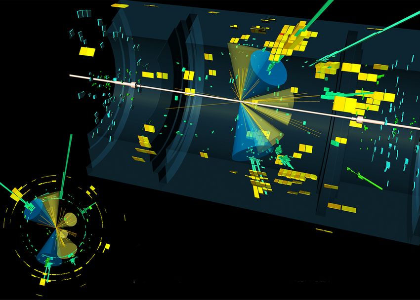 Ein Kollisionsereignis im ATLAS-Detektor: Ein Higgs-Boson koppelt an ein Top-Quark (Bild: ATLAS/CERN)