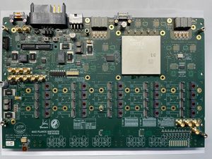 This image features a state-of-the-art prototype of a FPGA-based processor, engineered for the real-time processing of particle trajectories within the ATLAS experiment at CERN (Photo: MPP)