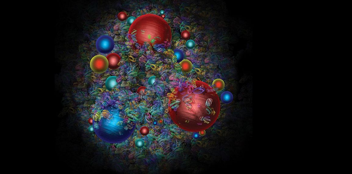 The infographic presents the chaos of all the different elementary particles inside a proton: quarks and gluons together (Image D. Dominguez/CERN)  
