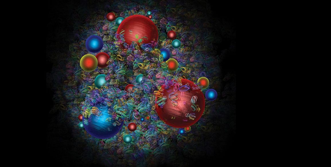 Die Infografik zeigt das Durcheinander der verschiedenen Elementarteilchen - Quarks und Gluonen - im Inneren eines Protons (Bild: D. Dominguez/CERN)