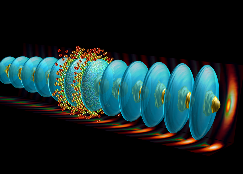 Das Prinzip der AWAKE-Beschleunigung: Elektronen surfen auf einer von Protonen erzeugten Plasmawelle. (Bild: Jorge Vieira/IST Lisbon, Portugal)