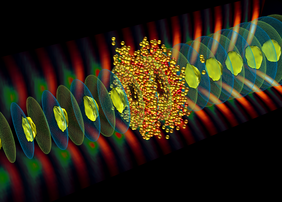 Illustration of the AWAKE accelerator at CERN: The protons (bullet-like structures) drive a plasma wave (elipsoidal structures) that accelerates electrons to high energies (small spheres).