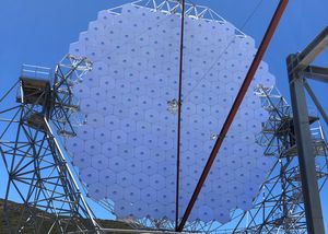 Installation of mirrors nearly completed: The prototype of the Large-Sized Telescope (LST) with mirrors wrapped in protective covers.
